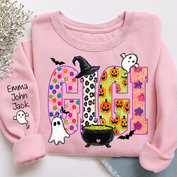 custom-spooky-gigi-sweatshirt-with-grandkids-names-on-sleeve-patterned-pumpkin-ghost-witch-hat-pullover