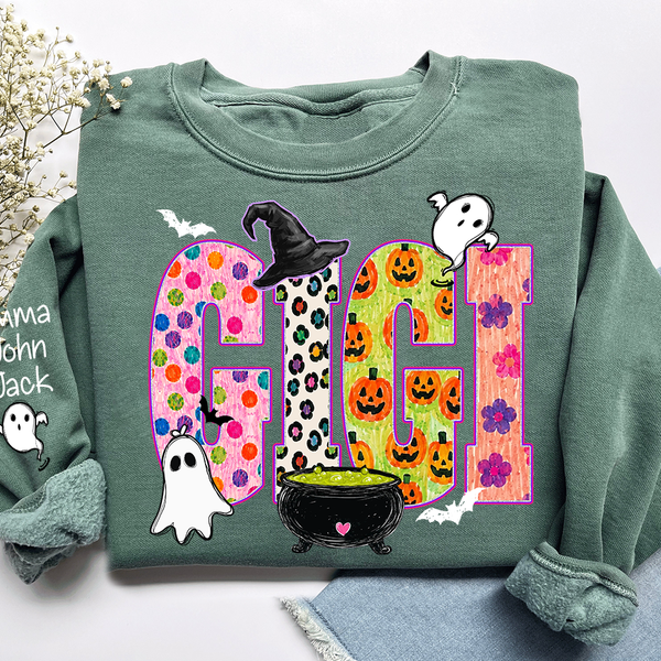custom-spooky-gigi-sweatshirt-with-grandkids-names-on-sleeve-patterned-pumpkin-ghost-witch-hat-pullover