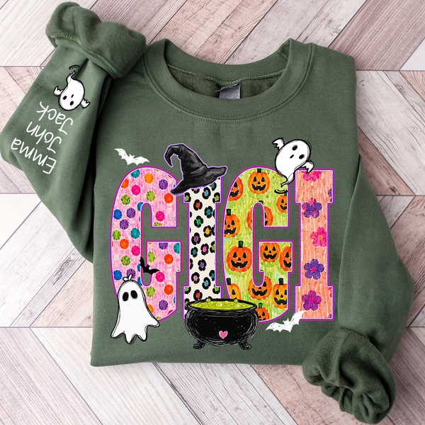 custom-spooky-gigi-sweatshirt-with-grandkids-names-on-sleeve-patterned-pumpkin-ghost-witch-hat-pullover