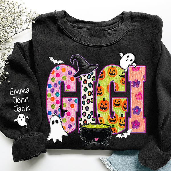 custom-spooky-gigi-sweatshirt-with-grandkids-names-on-sleeve-patterned-pumpkin-ghost-witch-hat-pullover
