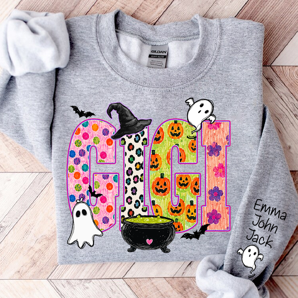 custom-spooky-gigi-sweatshirt-with-grandkids-names-on-sleeve-patterned-pumpkin-ghost-witch-hat-pullover
