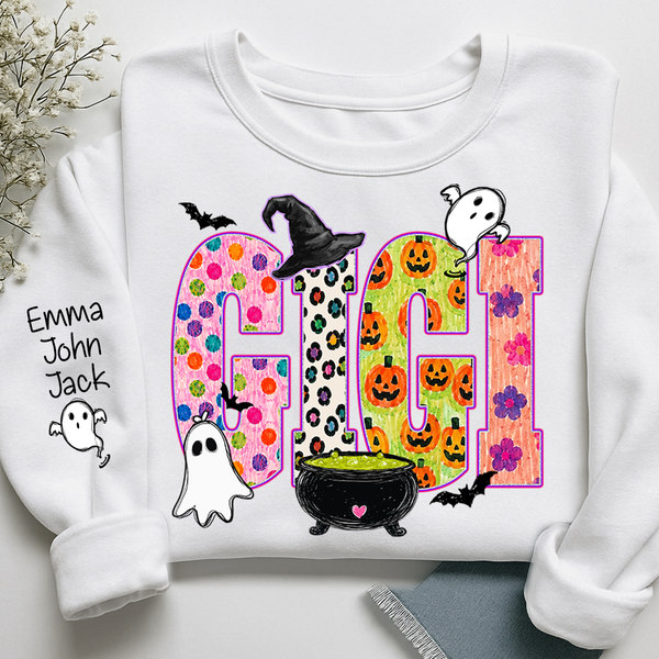 custom-spooky-gigi-sweatshirt-with-grandkids-names-on-sleeve-patterned-pumpkin-ghost-witch-hat-pullover