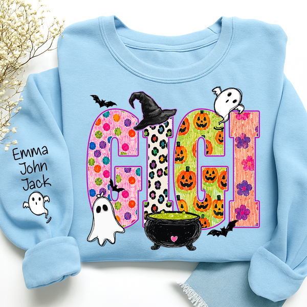 custom-spooky-gigi-sweatshirt-with-grandkids-names-on-sleeve-patterned-pumpkin-ghost-witch-hat-pullover