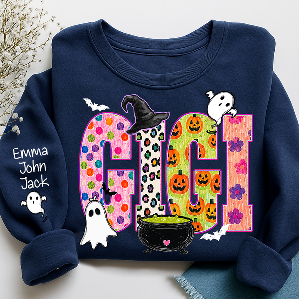 custom-spooky-gigi-sweatshirt-with-grandkids-names-on-sleeve-patterned-pumpkin-ghost-witch-hat-pullover