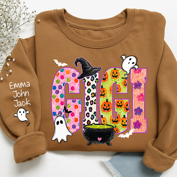 custom-spooky-gigi-sweatshirt-with-grandkids-names-on-sleeve-patterned-pumpkin-ghost-witch-hat-pullover