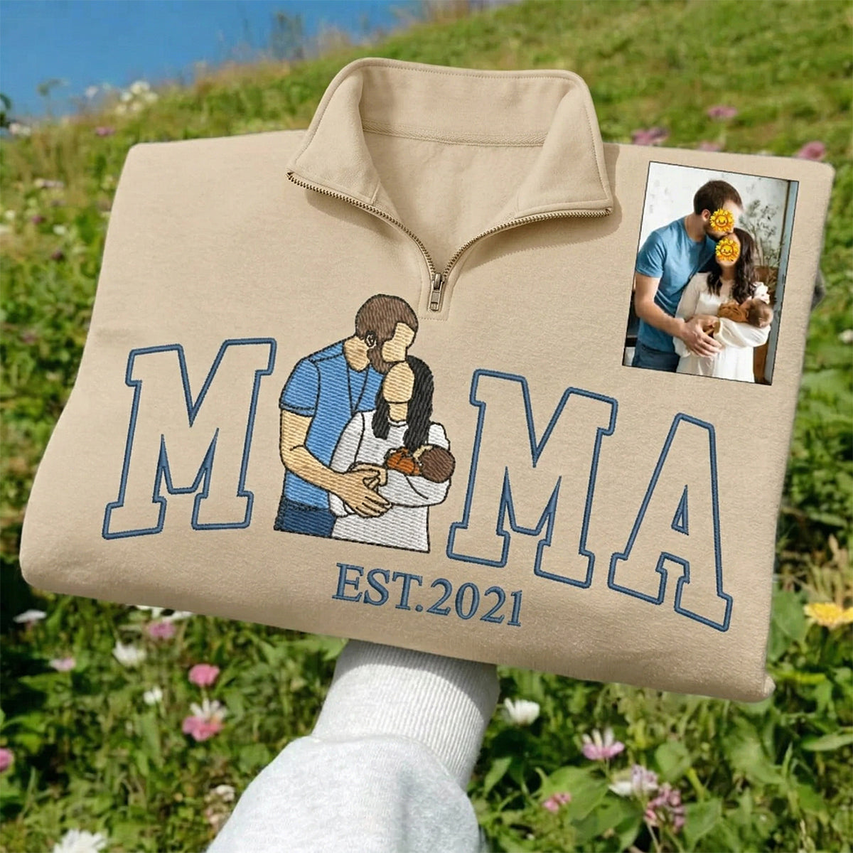 custom-embroidered-quarter-zip-sweatshirt-with-mama-and-kids-portrait-mothers-day-gift