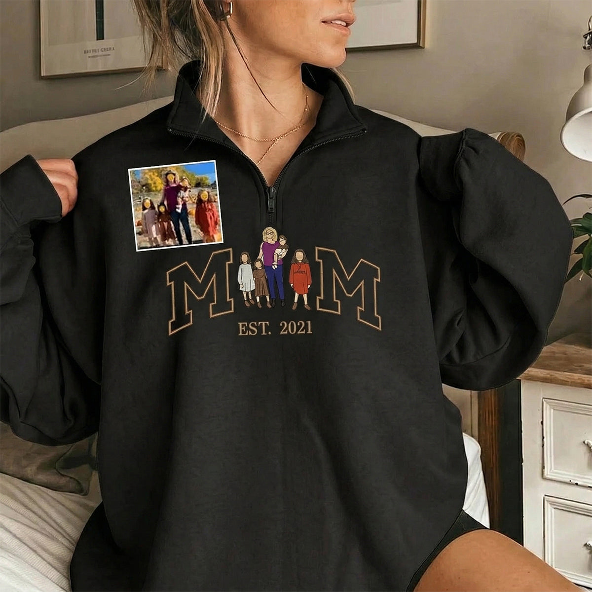 custom-embroidered-quarter-zip-sweatshirt-with-mama-and-kids-portrait-mothers-day-gift