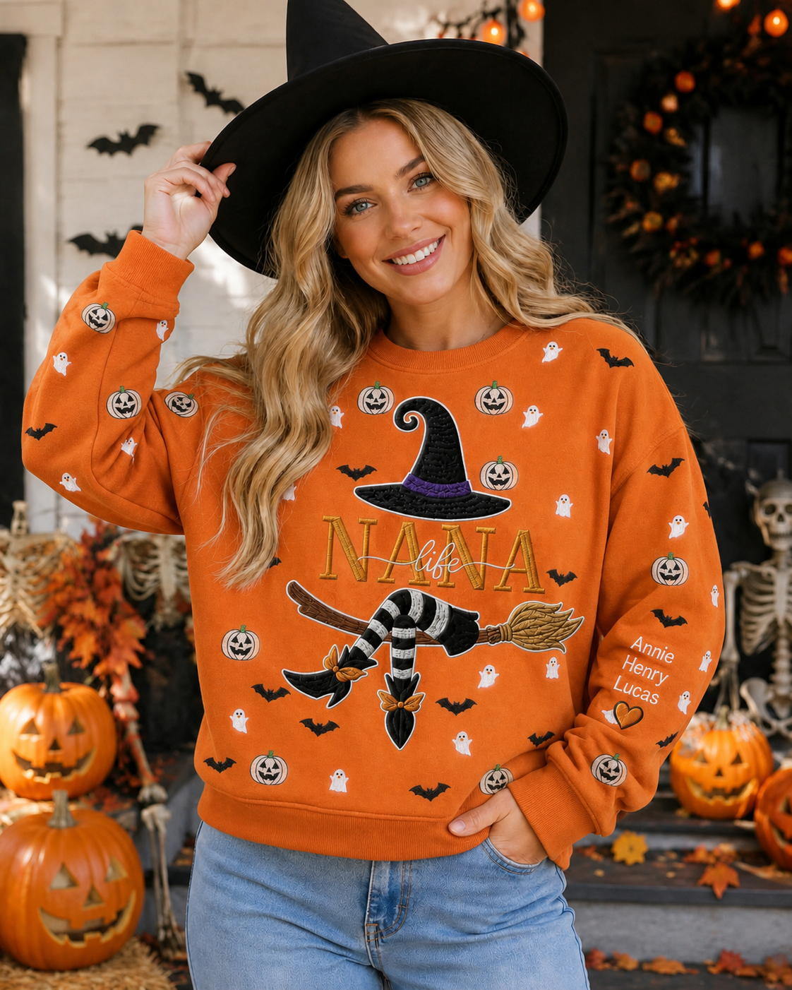 custom-name-gingham-witch-embroidery-pumpkin-ghost-pattern-sweatshirt-personalized-halloween-pullover