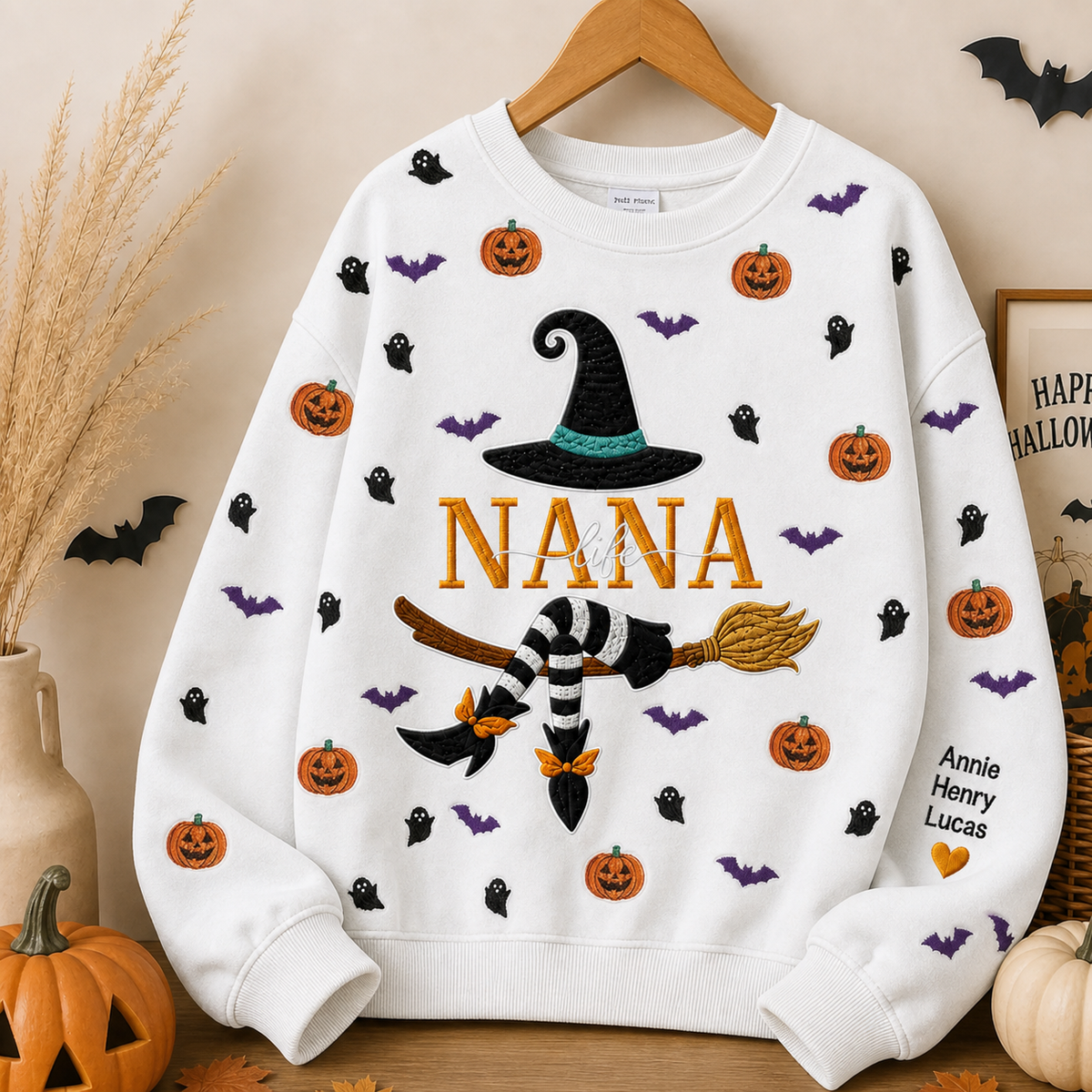 custom-name-gingham-witch-embroidery-pumpkin-ghost-pattern-sweatshirt-personalized-halloween-pullover