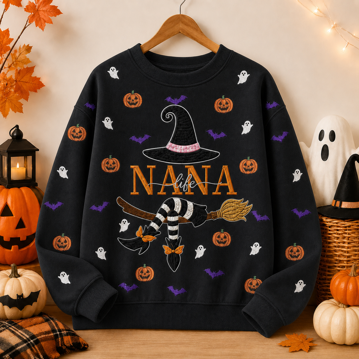 custom-name-gingham-witch-embroidery-pumpkin-ghost-pattern-sweatshirt-personalized-halloween-pullover