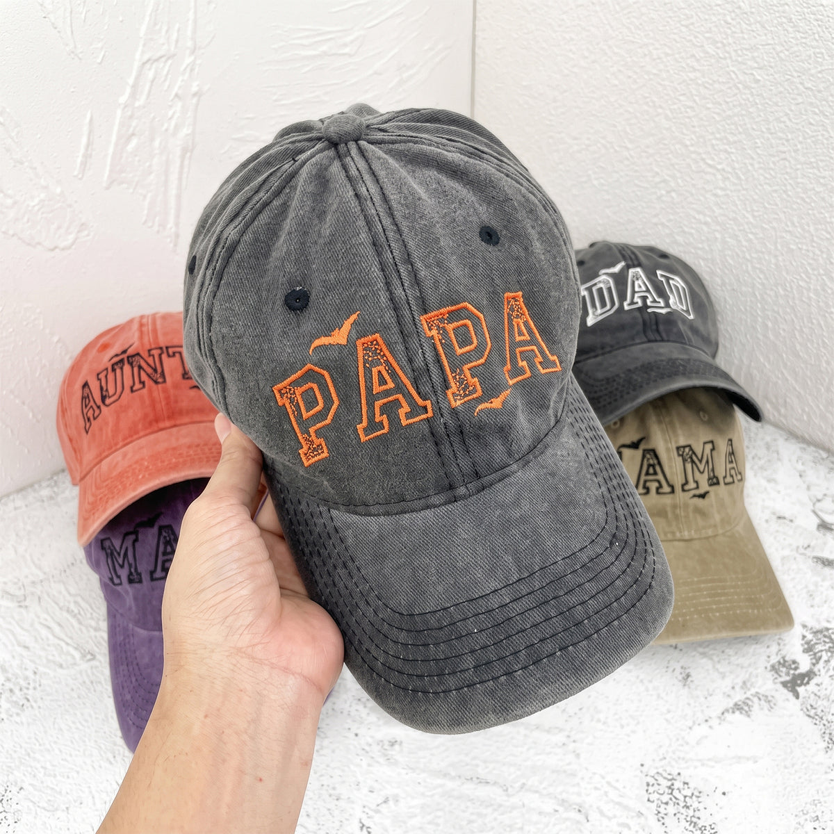 custom-halloween-family-embroidered-baseball-cap-personalized-hat-vintage-distressed-unisex-dad-mom-cap