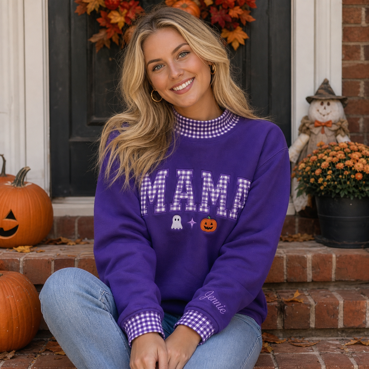 personalized-gingham-mama-embroidery-sweatshirt-halloween-mockneck-with-cuff-custom-name