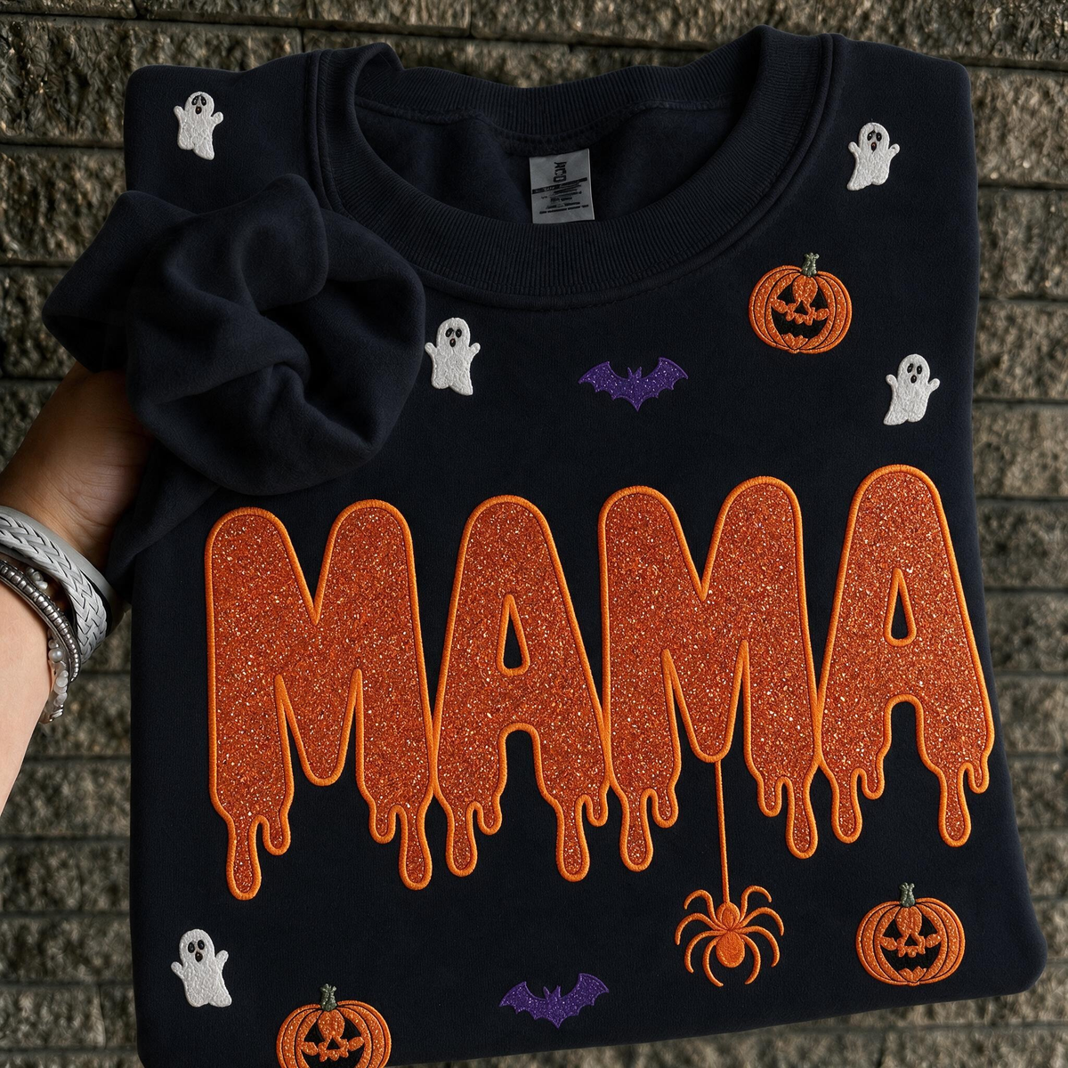 custom-halloween-glitter-letters-mama-drip-acid-pumpkin-ghost-pattern-sweatshirt