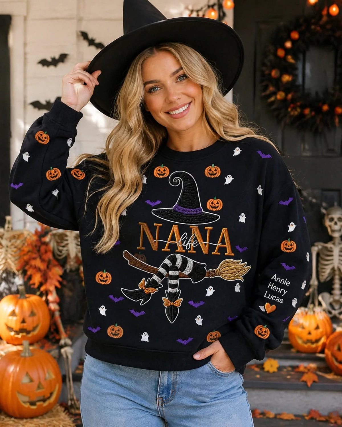 custom-name-gingham-witch-embroidery-pumpkin-ghost-pattern-sweatshirt-personalized-halloween-pullover