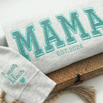 Custom Glitter "MAMA" Embroidered Sweatshirt | Personalized Mom Est. Sweatshirt with Kids Names on Sleeve