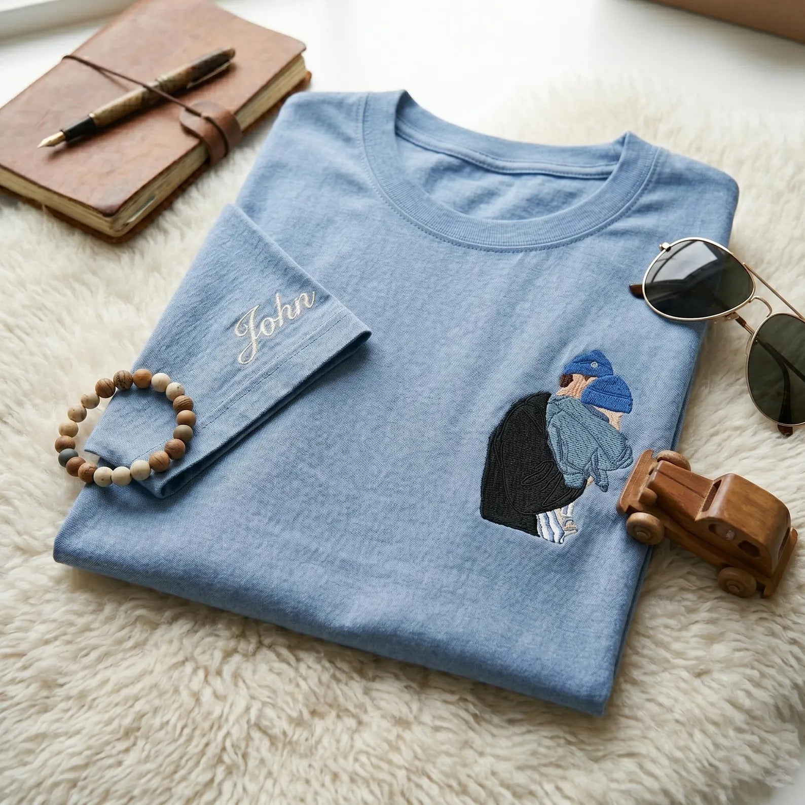 custom-dad-baby-portrait-embroidered-t-shirt-with-name-on-sleeve-fathers-day-gift-for-dad