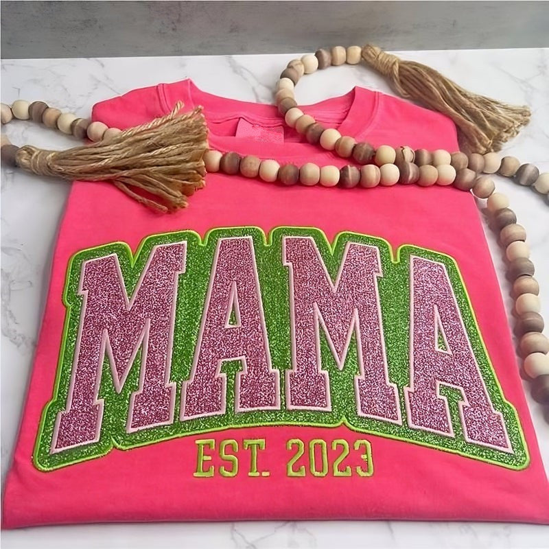 custom-personalized-two-color-glitter-embroidered-mom-t-shirt-with-kids-names-on-sleeve-gift-for-mom-grandma